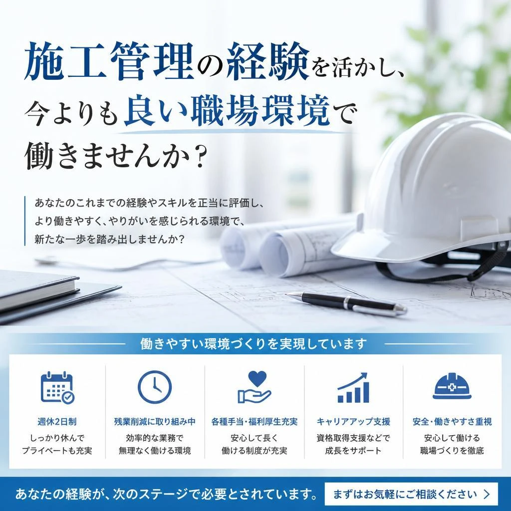 施工管理の経験を活かし、今よりも良い職場環境で働きませんか？